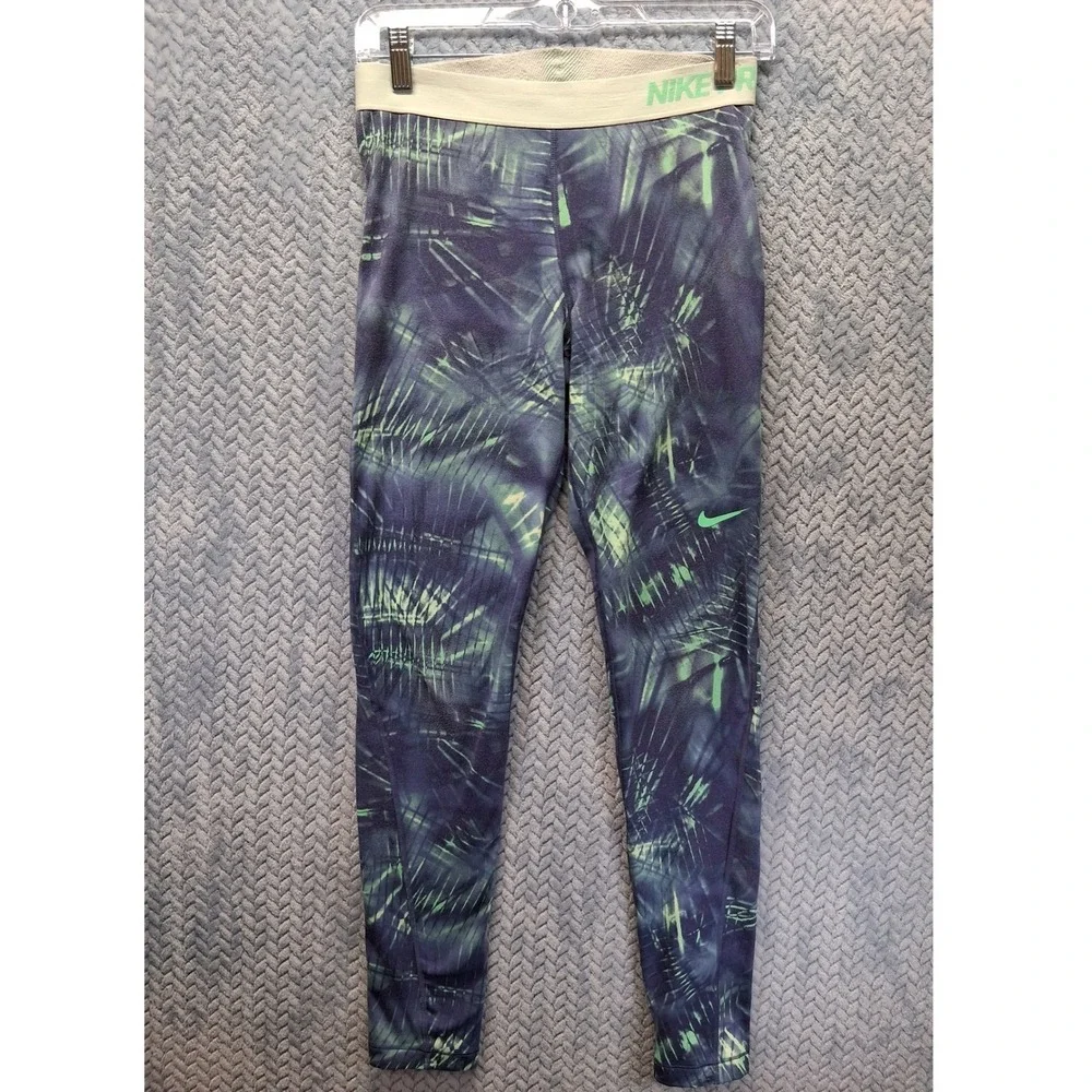 Nike Pro Dri-FIT Leggings Womens Medium Purple Green Palm Print 835620 Yoga Gym